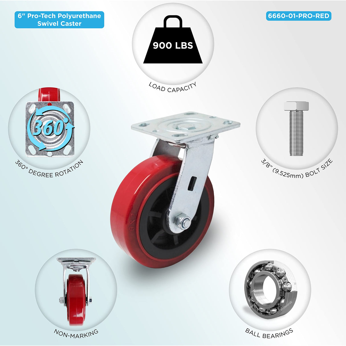 6 inch x 2 inch PRO-TECH Polyurethane Non-Marking Heavy Duty Swivel Casters, 3600 LBS Load Capacity, RED (4 Pack) - ICON 6660 Series ICONCASTERWHEELS
