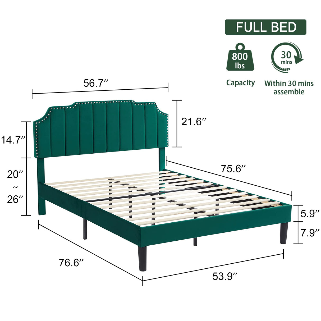VECELO Full Size Upholstered Platform Bed Frame with Tufted Adjustable Headboard/Mattress Foundation/Wood Slat Support,Easy Assembly,Dark Green VECELO