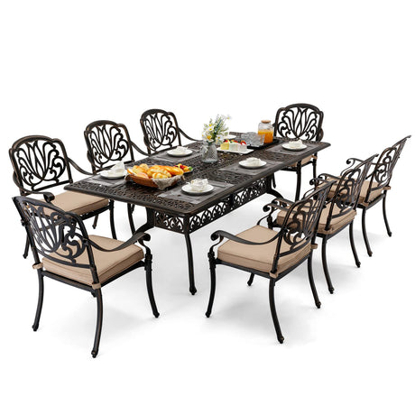 𝗔𝗶𝗹𝗶𝘀𝗺𝗮𝗶𝗹 𝟗 𝐏𝐢𝐞𝐜𝐞 Outdoor Dining Set Cast Aluminum Retro Patio Dining Set for 8 Includes 86.6’’ Rectangular Table and 8 Chairs with Cushion and Umbrella Hole for Patio Deck Garden Ailismail