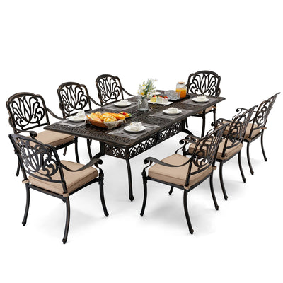 𝗔𝗶𝗹𝗶𝘀𝗺𝗮𝗶𝗹 𝟗 𝐏𝐢𝐞𝐜𝐞 Outdoor Dining Set Cast Aluminum Retro Patio Dining Set for 8 Includes 86.6’’ Rectangular Table and 8 Chairs with Cushion and Umbrella Hole for Patio Deck Garden