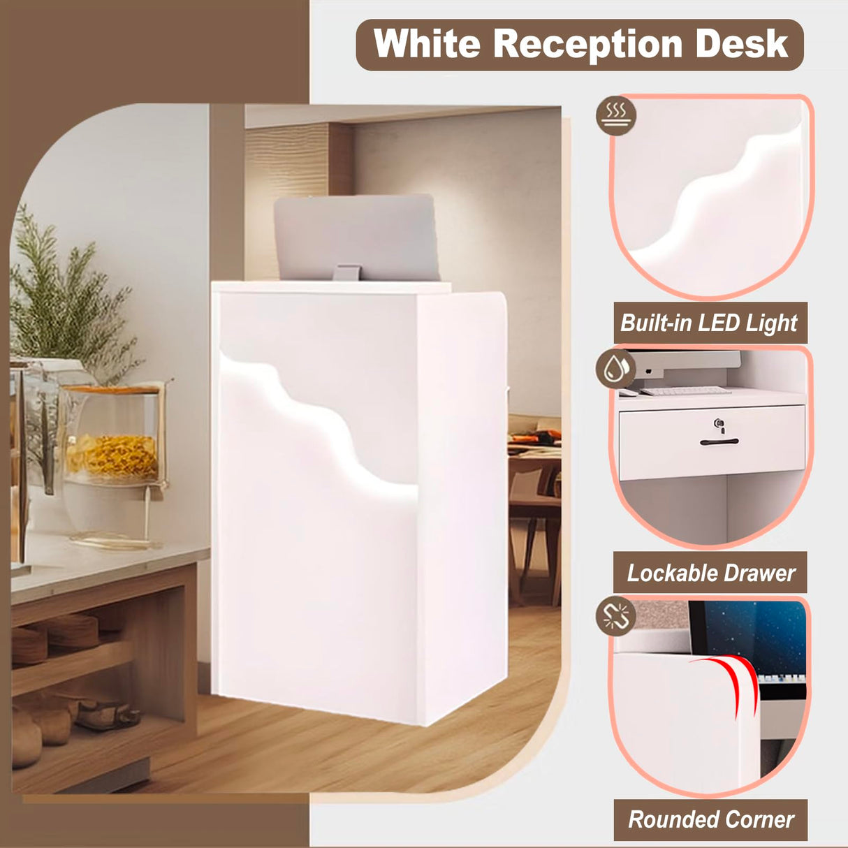 Reception Desk with Counter LED Light, Modern Front Desk with Lockable Drawer, White Retail Checkout Counter for Clothing Store Lobby Beauty Salon (White, 37.8x23.6x15.7in) CDDUOLA