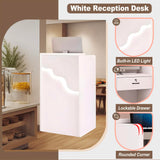 Reception Desk with Counter LED Light, Modern Front Desk with Lockable Drawer, White Retail Checkout Counter for Clothing Store Lobby Beauty Salon (White, 37.8x23.6x15.7in) CDDUOLA