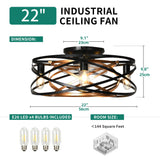 YITAHOME Caged Ceiling Fans with Lights Remote Control, 22'' Bladeless Low Profile Ceiling fan, 6 Speeds Flush Mount Enclosed Ceiling Fans with Reversible Motor, Matte Black Gold (4 E26 Bulb Include) YITAHOME
