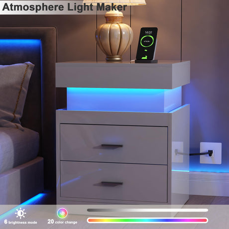 ChooChoo LED Nightstand with Charging Station, Smart Night Stand with Sliding Top Storage, 2-Drawers High Gloss Bedside Table, Modern End Table for Bedroom,White ChooChoo