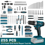 Tool Kit with 21V Cordless Drill - Sundpey 255-PCs Portable Complete General Basic Home and Auto Repair Tool Set with Drawer for Handyman & Diyer & Homeowner - Power Drill with 2 x 2.0Ah Batteries Sundpey