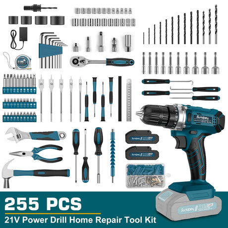 Tool Kit with 21V Cordless Drill - Sundpey 255-PCs Portable Complete General Basic Home and Auto Repair Tool Set with Drawer for Handyman & Diyer & Homeowner - Power Drill with 2 x 2.0Ah Batteries Sundpey