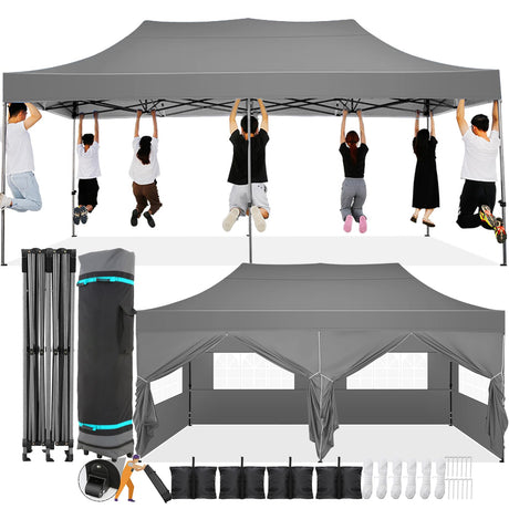 COBIZI 10x20 Pop Up Canopy with 6 Sidewall,Heavy Duty Canopy UPF 50+ All Season Wind Waterproof Commercial Outdoor Wedding Party Tents for Parties Canopy Gazebo with Roller Bag(10 x 20 ft Gray) COBIZI