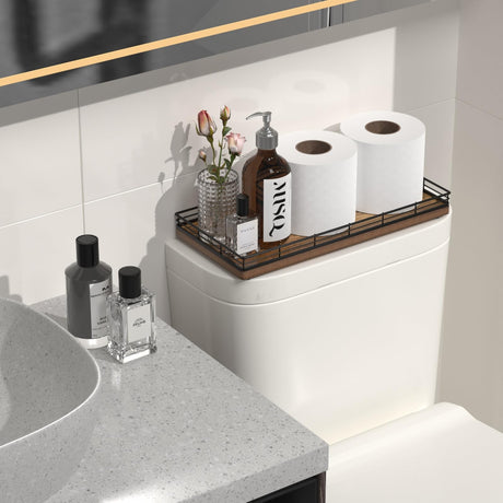 Acacia Bathroom Toilet Tank Tray, 13" Wood Toilet Paper Storage Basket Back of Toilet Basket Organizer, Vanity Tray for Perfume Makeup Candle Kitchen Counter Coffee Table Decor Focusonit