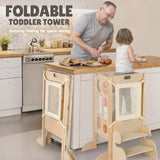 Joyreal Foldable Toddler Tower, Toddler Kitchen Stool Helper with 2 Step Stool, Wooden Standing Tower with 6 Montessori Activity Games, Safety Net & Adjustable Height Joyreal