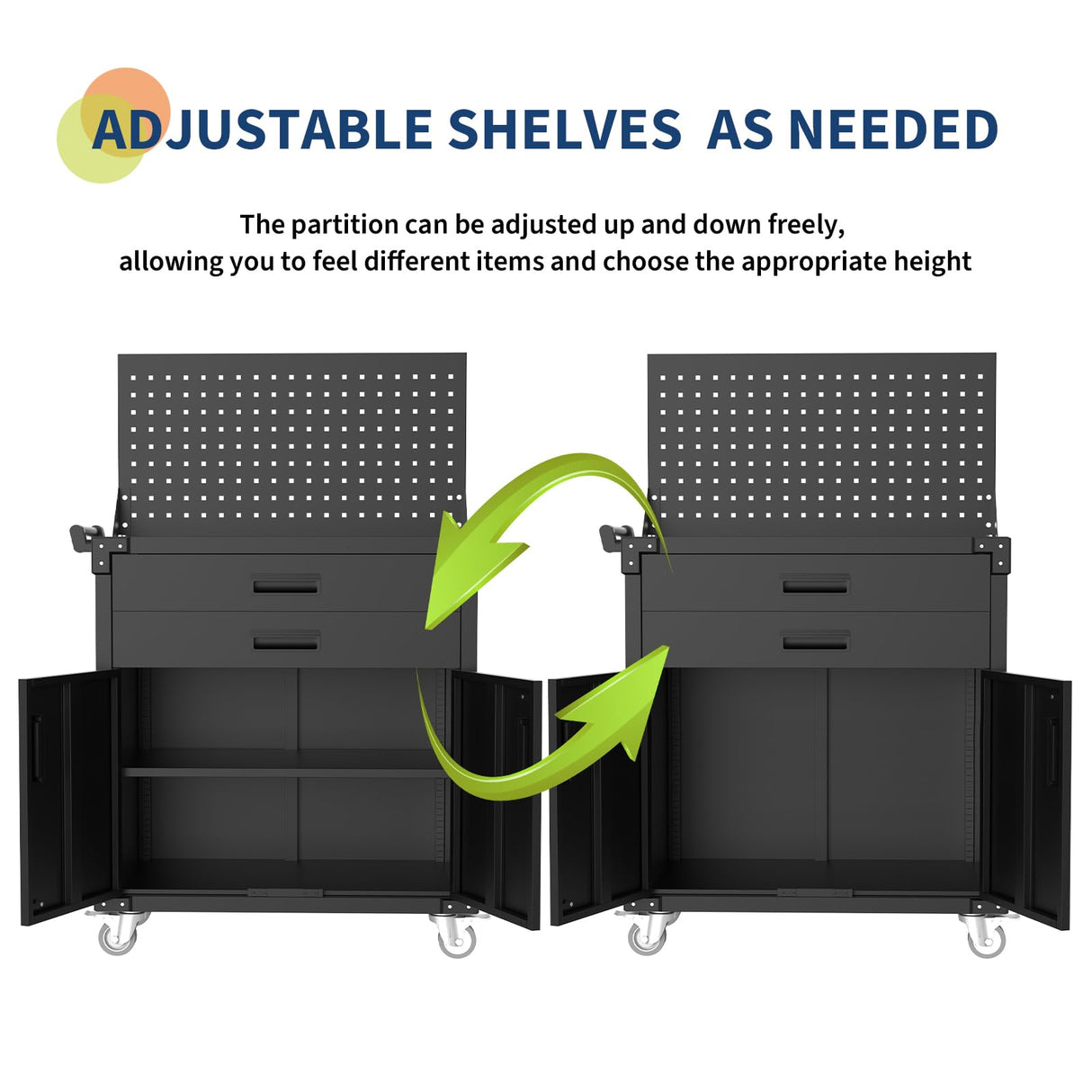 GarveeHome Rolling Tool Cabinet, Heavy Duty Steel Garage Storage Cabinet with 2 Drawers, Pegboard & 4 Wheels, Lockable Tool Cart Workbench for Workshop, Warehouse GarveeHome