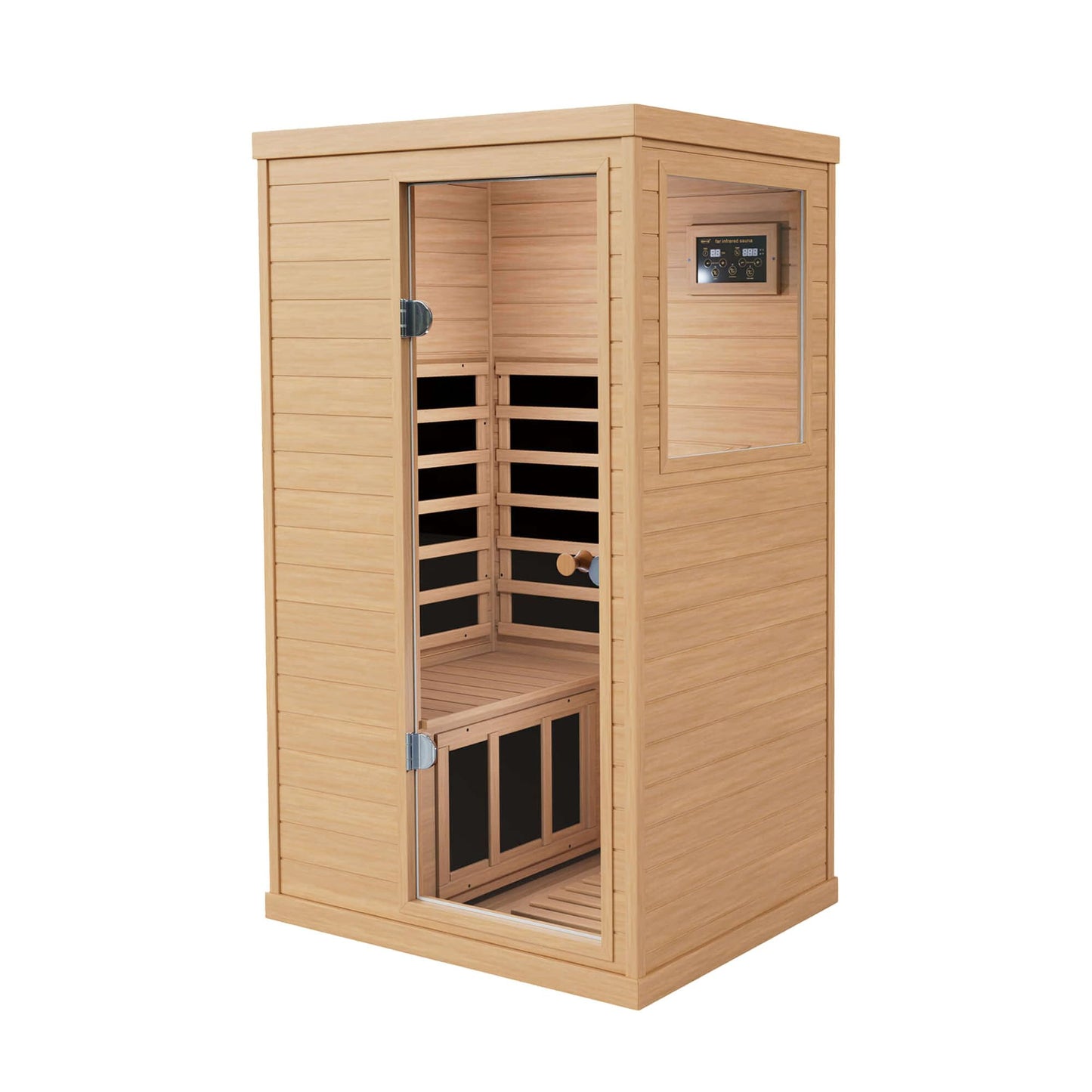 Xmatch Far Infrared Wooden Sauna Room, 1-Person Size Right Bench, with 1050W, 6 Heating Plates, 10-15 Minutes Pre-Warm up