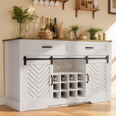 RoyalCraft 52'' Sideboard Buffet Cabinet with Storage, Farmhouse Coffee Wine Bar Cabinet with Drawers, Sliding Barn Door, Wine & Glass Rack, Console Table for Living Room, Kitchen, Wood-Tone White