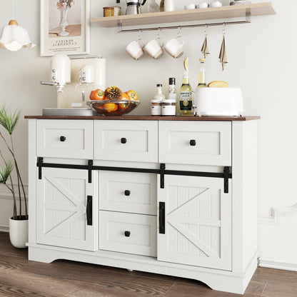 Vabches White Farmhouse Buffet Cabinet with Sliding Barn Doors and 5 Drawers