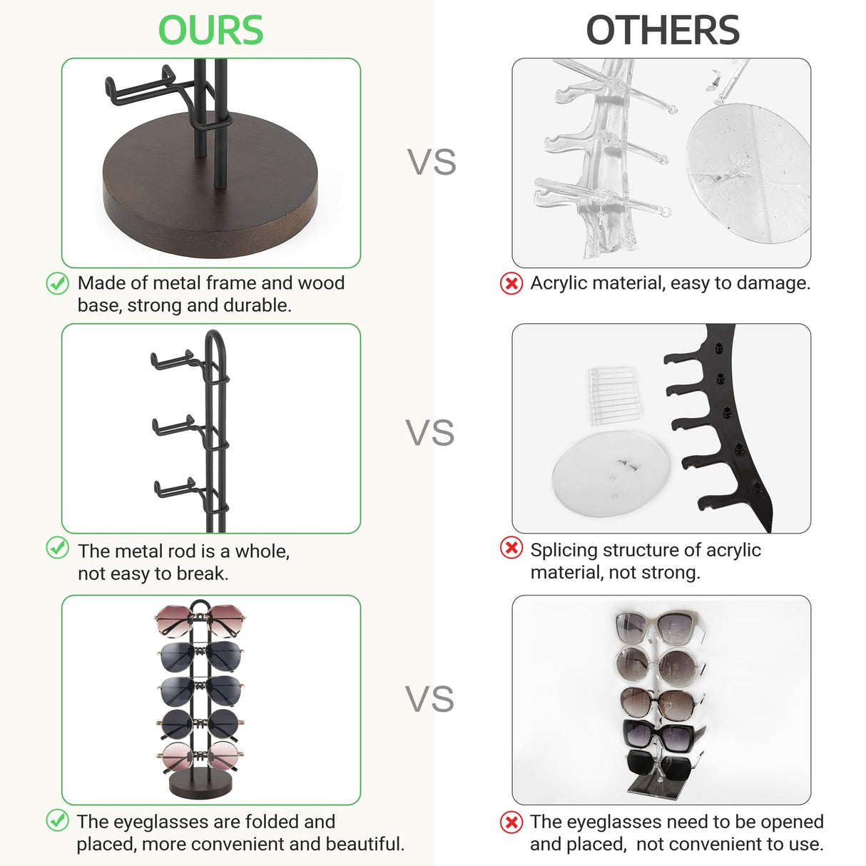 Mkono Sunglasses Organizer Glasses Holder Stand Sunglass Storage Eyeglasses Rack Metal Frame with Wood Base for 5 Pairs of Eyewear Display for Table Desk Countertop Dresser Bedroom, Set of 1, Black Mkono