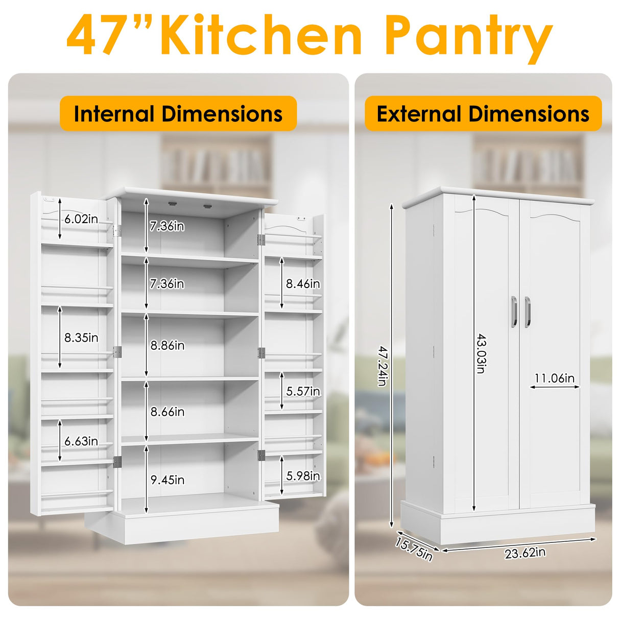 kepptory 47” Pantry Cabinet, Kitchen Pantry Storage Cabinet with Doors and Adjustable Shelves, Brown Freestanding Buffet Cupboards Sideboard for Living Room and Dinning Room (White) kepptory