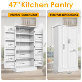 kepptory 47” Pantry Cabinet, Kitchen Pantry Storage Cabinet with Doors and Adjustable Shelves, Brown Freestanding Buffet Cupboards Sideboard for Living Room and Dinning Room (White) kepptory