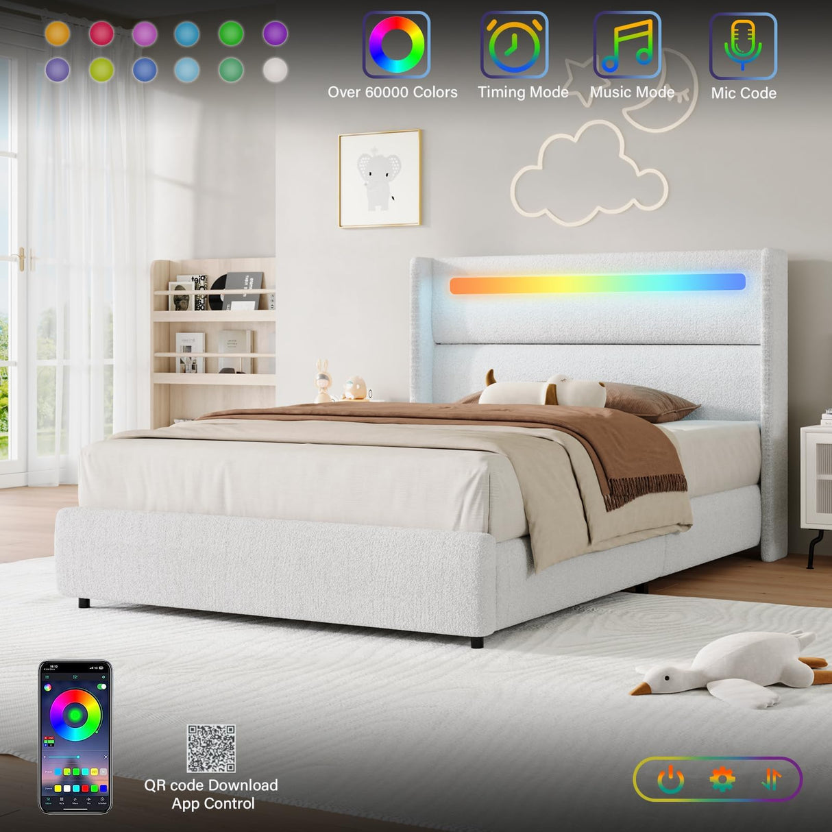 HOMBCK Twin Size Bed Frames with Headboard and LED Lights, Boucle Upholstered Platform Bed with Wingback Design, Modern Soft Bed Frame, No Box Spring Needed, Easy Assembly, White HOMBCK