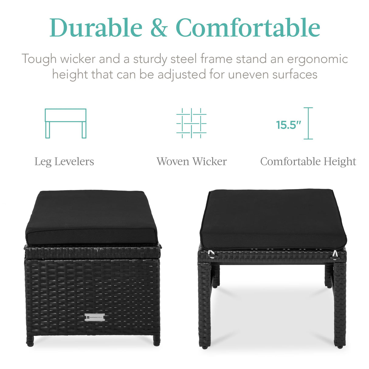Best Choice Products Set of 2 Wicker Ottomans, Multipurpose Outdoor Furniture for Patio, Backyard, Additional Seating, Footrest, Side Table w/Removable Cushions, Steel Frame - Black/Black Best Choice Products