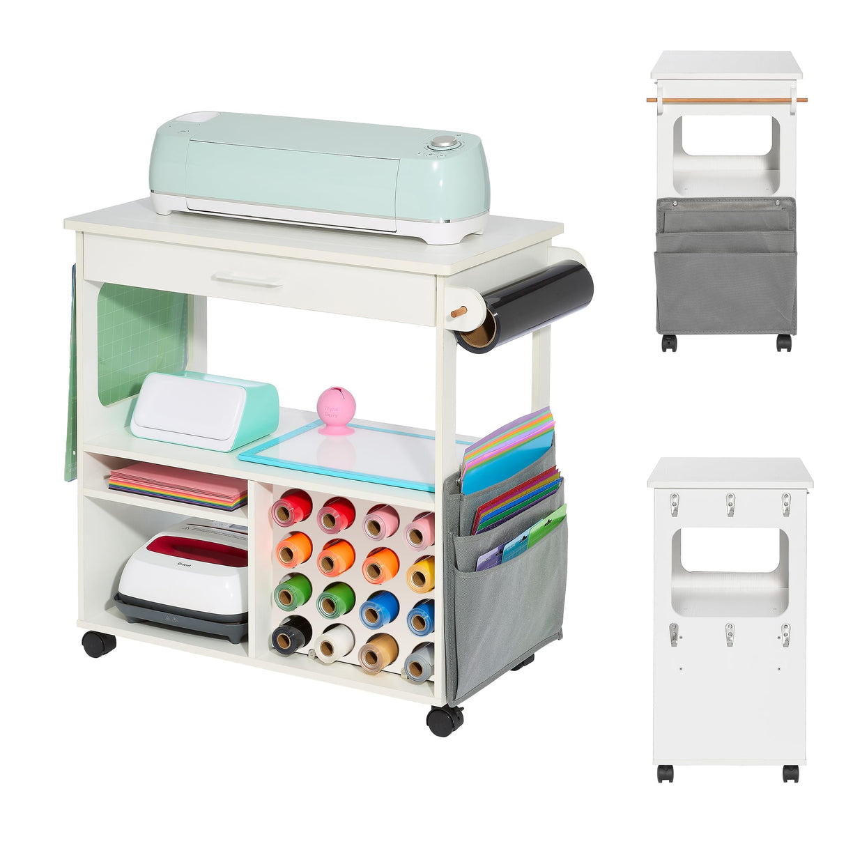 iVyne Craft Cart, Ultimate Organization & Storage Table for Cricut/Silhouette, Craft Table with Storage, Workstation for Accessories, iVyne Berry, Vinyl Rolls, and More - White iVyne