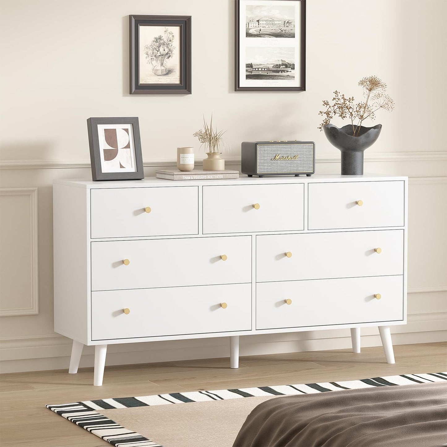 HOUROM White Dresser for Bedroom, Dresser with 7 Drawers, Wood Dressers & Chests of Drawers, Modern Double Dresser with Wide Drawer and Metal Handles