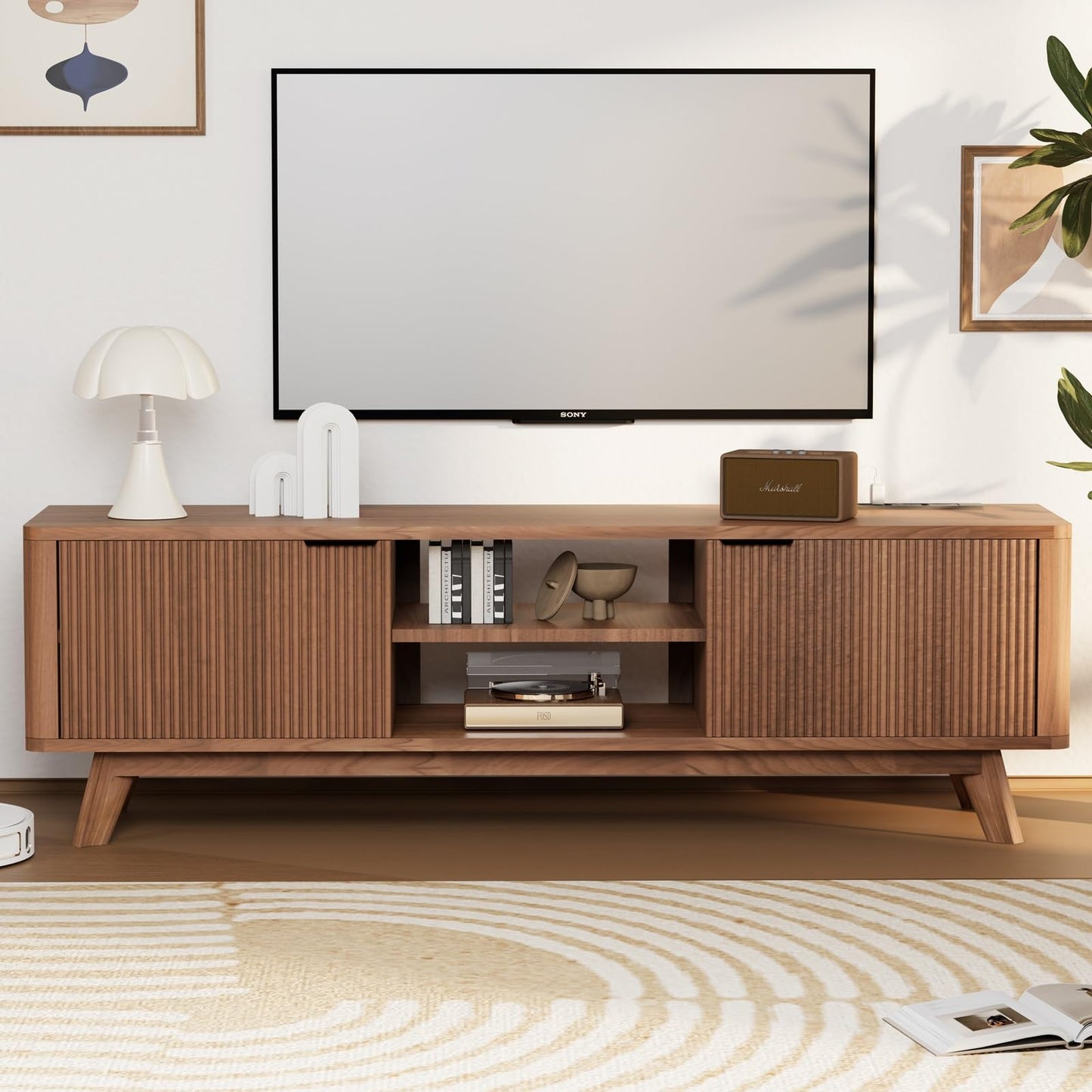 Royal Windsor Modern TV Stand for Living Room,Large TV Table with Fluted Door Cabinets and Open Shelves,Entertainment Center with Storage and TV Mount,Media Console Cabinet with Socket,Reddish Brown