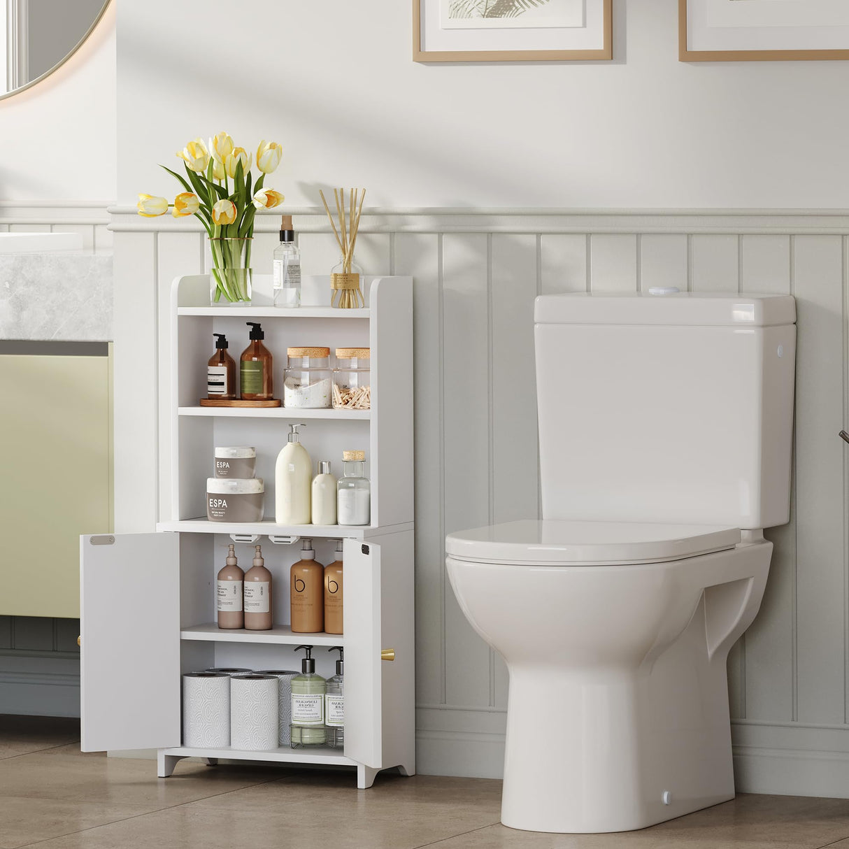 GLANZALANT Bathroom Cabinet with 2 Doors, Small Freestanding Storage Cabinet with Adjustable Shelf, Slim Bathroom Organizers, Floor Cabinet for Small Spaces, Bathroom, 7.9" D x 14.7" W x 32" H, White GLANZALANT