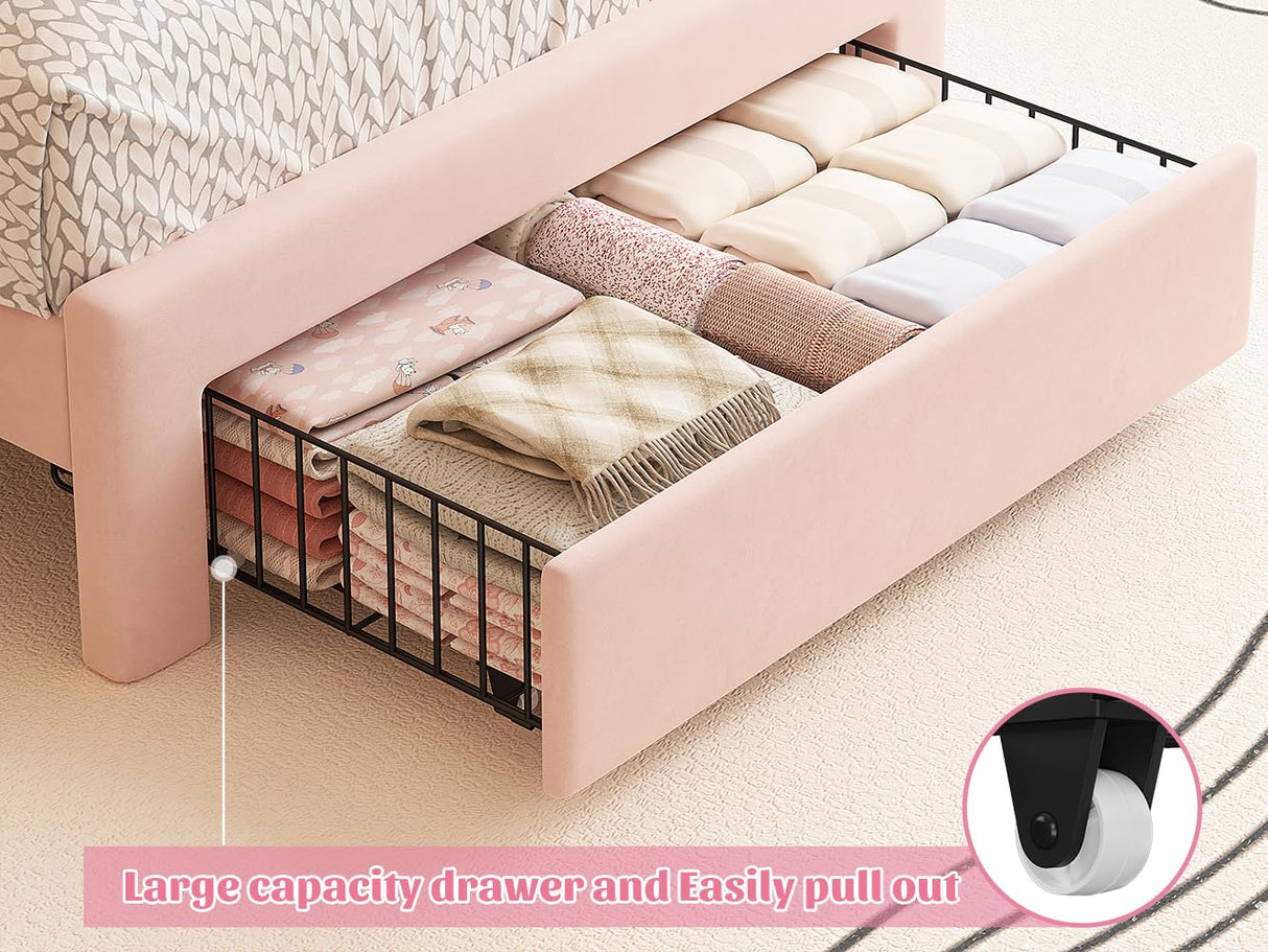 EnHomee Twin LED Bed Frame with Storage Drawer,Princess Bed Frame Twin Size,Cute Upholstered Bed Frame with Adjustable Cloud Headboard,Strong Support,No Box Spring Required,Easy Assembly,Pink EnHomee