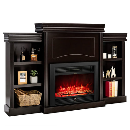 Tangkula 70" Mantel Fireplace, 750W/1500W Electric Fireplace w/Mantel & Built-in Bookshelves, 28.5-Inch Fireplace w/Remote Control, 1-8H Timer, Adjustable Flame Brightness & Color (Espresso)