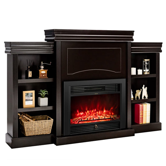 Tangkula 70" Mantel Fireplace, 750W/1500W Electric Fireplace w/Mantel & Built-in Bookshelves, 28.5-Inch Fireplace w/Remote Control, 1-8H Timer, Adjustable Flame Brightness & Color (Espresso)