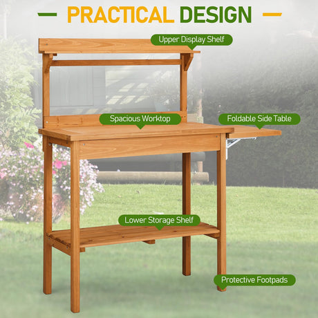 Outdoor Garden Potting Bench Table, Wooden Horticulture Planting Worstation with Metal Tabletop, 2 Drawers, Storage Shelf, 3 Hooks, Natural Wood (115 * 45.5 * 130CM) Generic