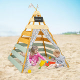 Costzon Kids Tent, Large Wooden Indoor Outdoor Triangle Hideaway Playhouse with Machine Washable Flags, Removable Chalkboard & Door Curtains, Teepee Tent for Kids Children 3-8 Years Old Costzon