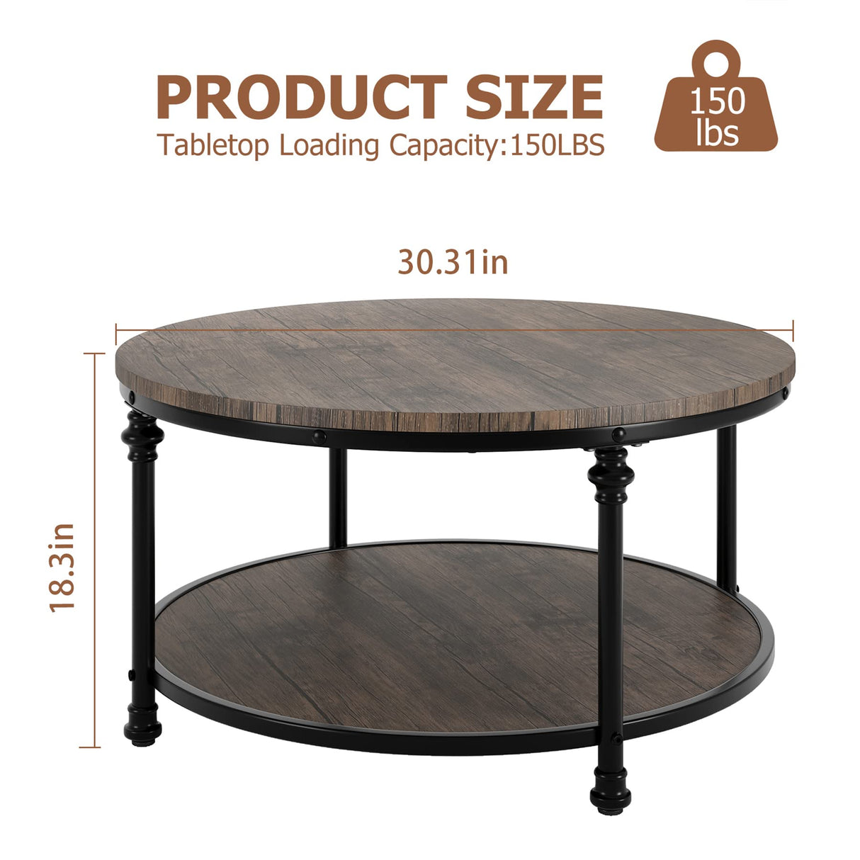 IDEALHOUSE Round Coffee Table for Living Room Rustic Center Table with Storage Shelf Wood Circle Coffee Table with Sturdy Metal Legs, Easy Assembly(Light Walnut) IDEALHOUSE