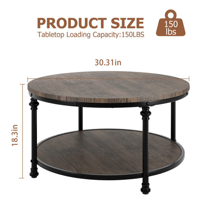 IDEALHOUSE Round Coffee Table for Living Room Rustic Center Table with Storage Shelf Wood Circle Coffee Table with Sturdy Metal Legs, Easy Assembly(Light Walnut) - WoodArtSupply