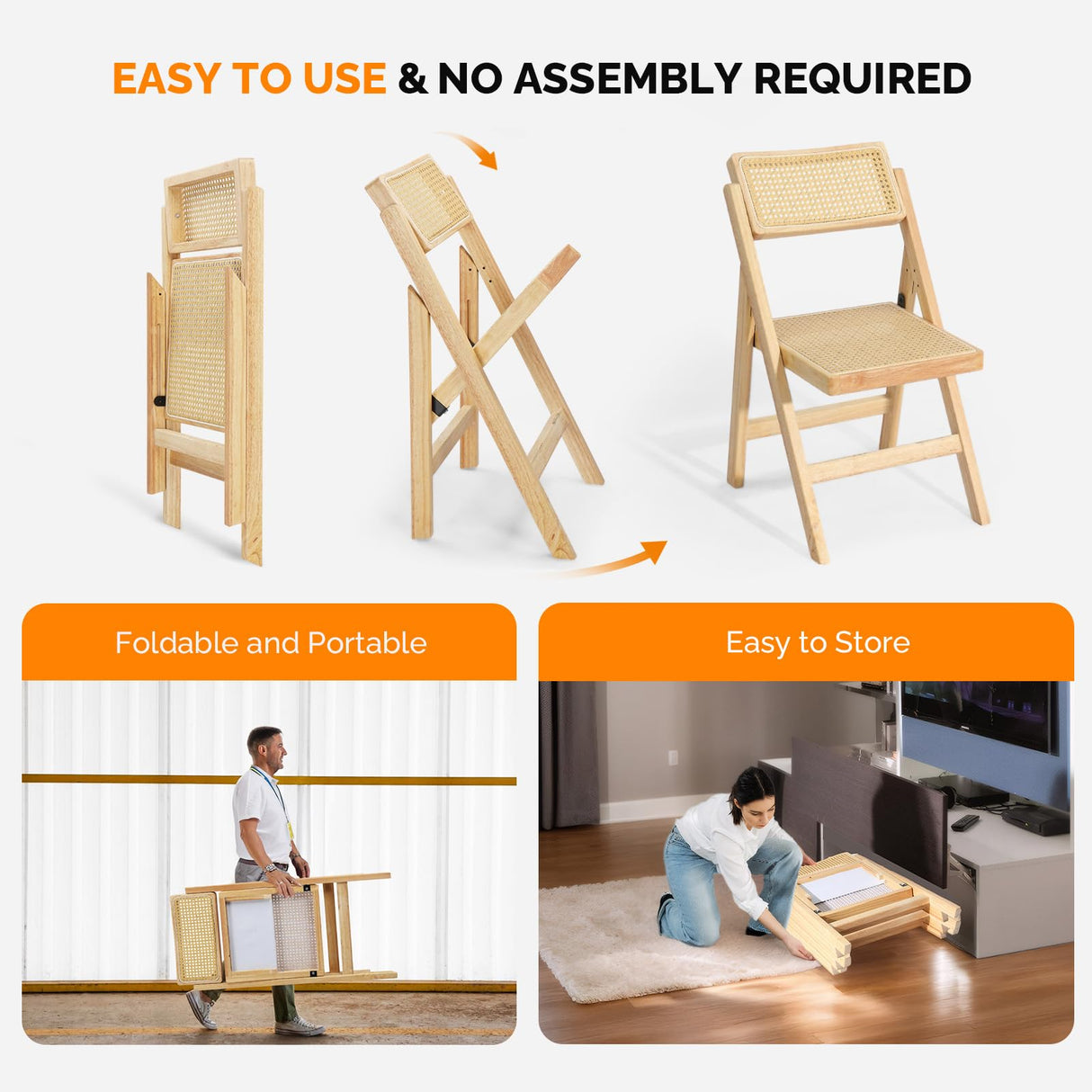 VINGLI Rattan Dining Chair, Wood Folding Chair with 360° Swivel Backrest, Rubberwood Frame and Rattan Woven Seat and Back, Natural Color, Set of 2 VINGLI