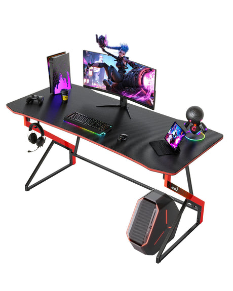 CubiCubi Simple Gaming Desk Z Shaped 55 inch Gamer Workstation, Home Computer Carbon Fiber Surface Gaming Desk PC Table with Headphone Hook CubiCubi