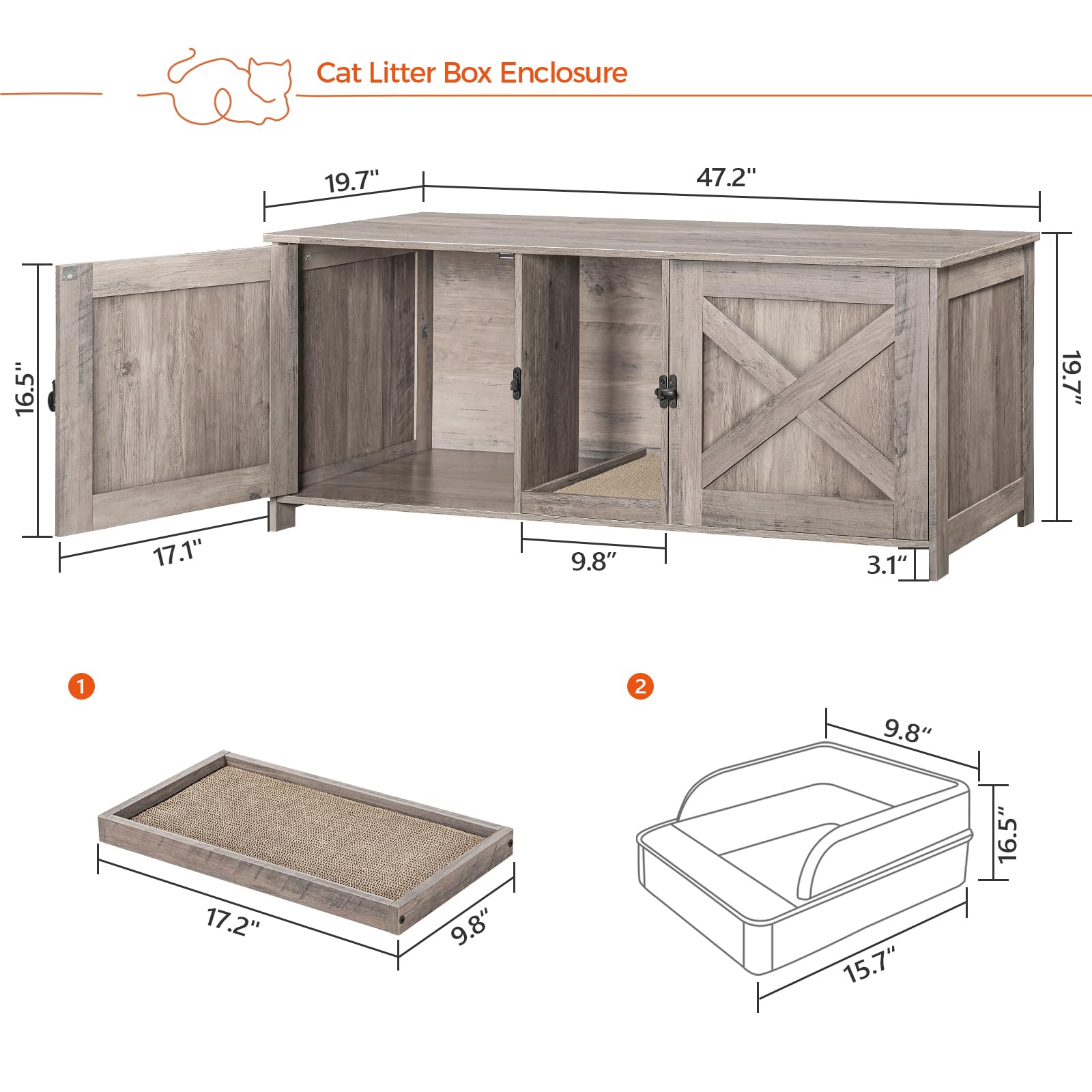 MAHANCRIS Cat Litter Box Enclosure for 2 Cats, 47.2" Hidden Cat Litter Box Furniture with Double Room, Wooden Cat Washroom Cabinet with Scratching Board, Indoor Cat House End Table, Greige CW - WoodArtSupply