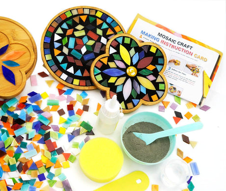 Lanyani 2 Sets of DIY Mosaic Craft Kits Mosaic Tiles Coaster Kit Make Your Own Mosaic Project Handmade Craft Set with Stained Glass Mosaic Tile Pieces for Decoration and Gift Lanyani