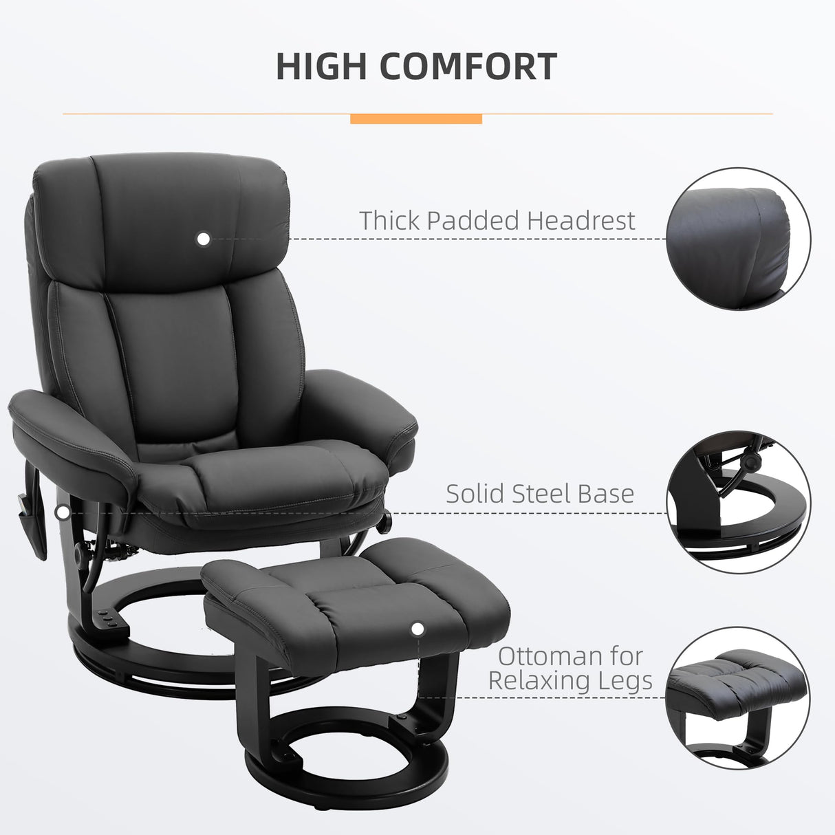 HOMCOM PU Leather Massage Recliner Chair with Ottoman 10 Point Vibration Swiveling Armchair, Black HOMCOM