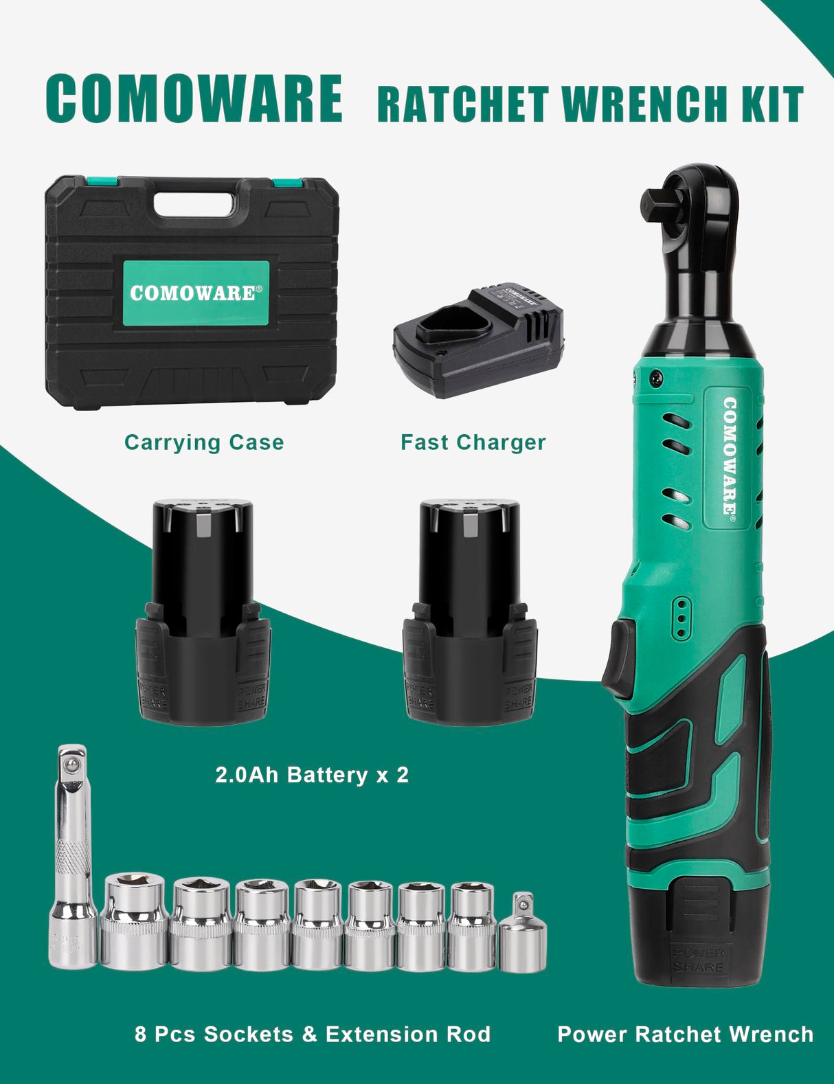 COMOWARE 3/8 Cordless Electric Ratchet Wrench Kit, 40ft-lbs Torque, 12V Power, 8 Sockets, LED Light, Fast Charger, Ergonomic Design COMOWARE