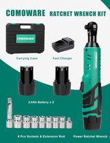 COMOWARE 3/8 Cordless Electric Ratchet Wrench Kit, 40ft-lbs Torque, 12V Power, 8 Sockets, LED Light, Fast Charger, Ergonomic Design COMOWARE