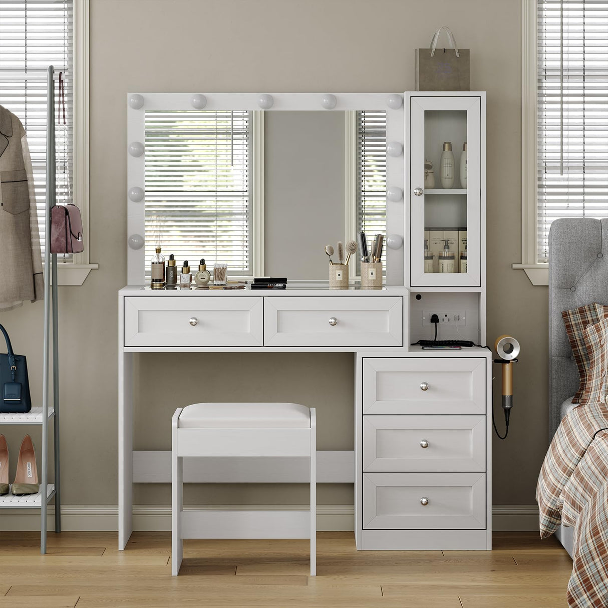 CollaredEagle 43" W Vanity Desk with Mirror & 11 Lights, 5 Drawer Modern Makeup Desk with Glass top & Cushioned Stool, 3 Lighting Modes Brightness Adjustable,Power Outlet,Bedroom，White CollaredEagle