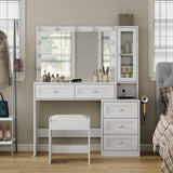CollaredEagle 43" W Vanity Desk with Mirror & 11 Lights, 5 Drawer Modern Makeup Desk with Glass top & Cushioned Stool, 3 Lighting Modes Brightness Adjustable,Power Outlet,Bedroom，White CollaredEagle