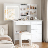 FUNISIR Makeup Vanity Desk with Sliding Mirror and Lights, Makeup Table Set with 3 Colors LED Light, 5 Drawers, Shelves & Stool, Bedroom Dressing Table Girls Vanity Desk in White FUNISIR