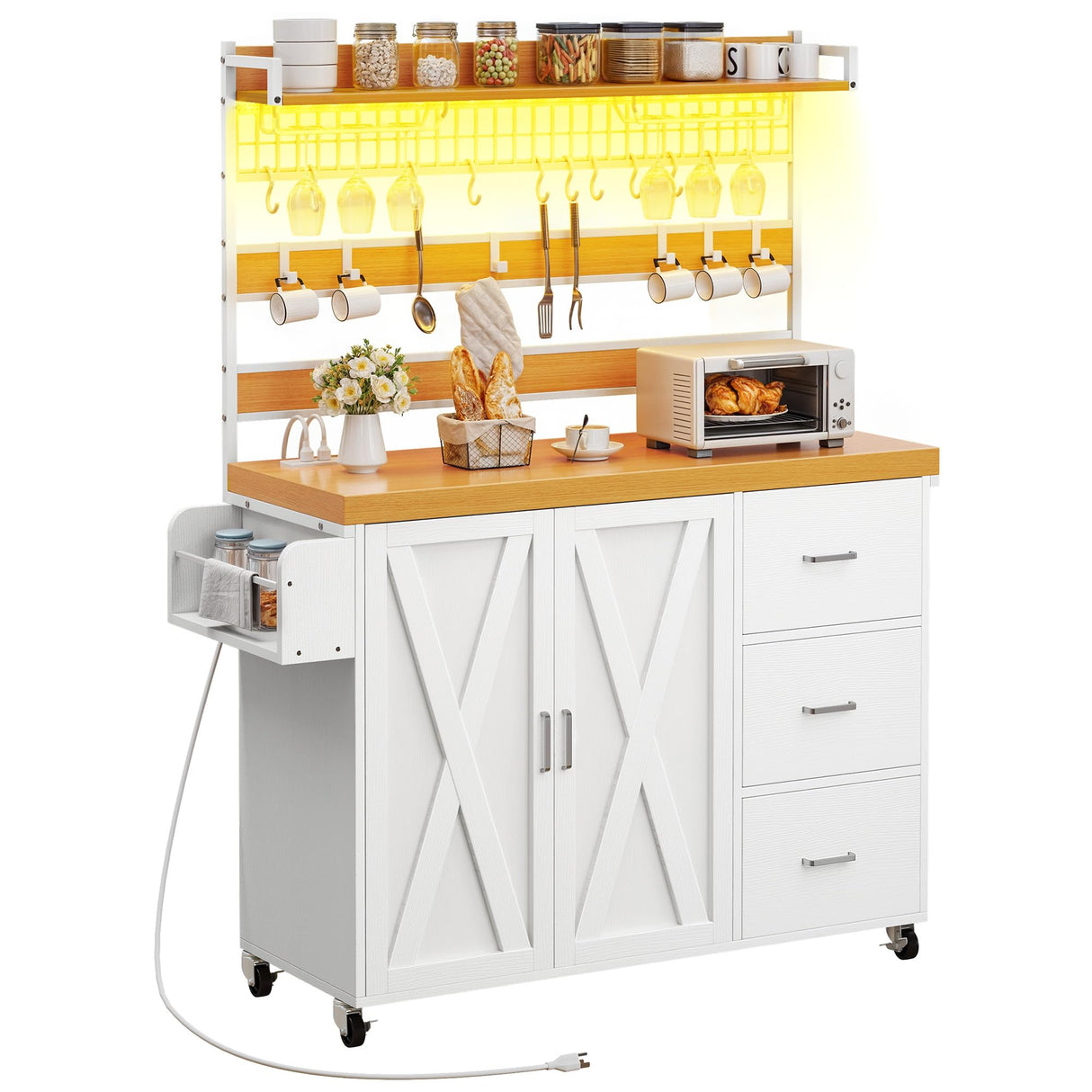 YITAHOME Bakers Rack with Power Outlet and LED Light, 53 Inch Microwave Stand with Storage Cabinet Thickened Counter, Farmhouse Coffee Bar Cabinet on Wheels Tall Shelf for Spices, Cups, Pots, White YITAHOME