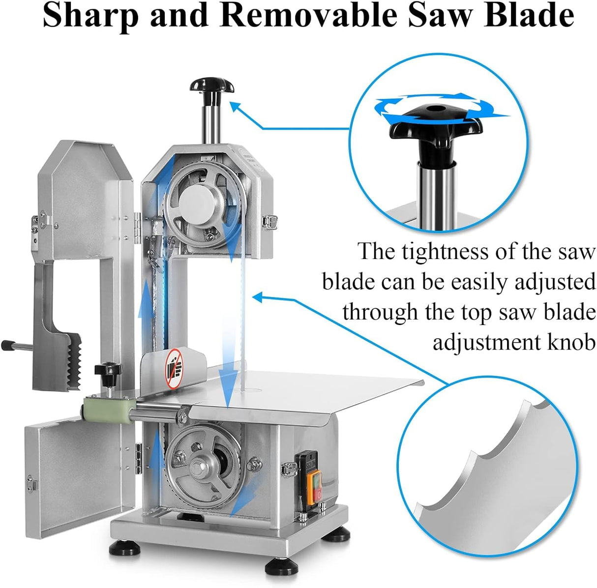 Electric Meat Bone Saw 750W Band Saw Commercial Meat Saw for Butcher Cutting Frozen Meat into Slice Bandsaw Machine 0.8-4.3“ Chop Thickness Bone FADHOLE