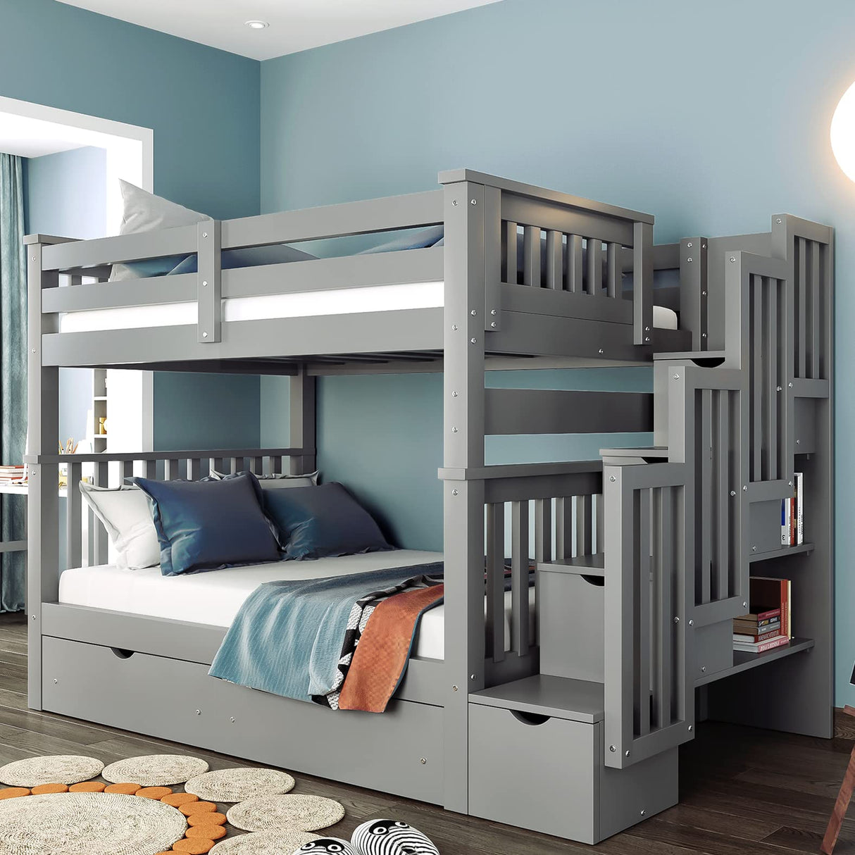 Harper & Bright Designs Full Over Full Bunk Bed with 6 Storage Drawers, Wooden Full Bunk Beds with Stairway and Shelves, Detachable for Kids, Teens, Adults Boys & Girls (New, Gray) Harper & Bright Designs