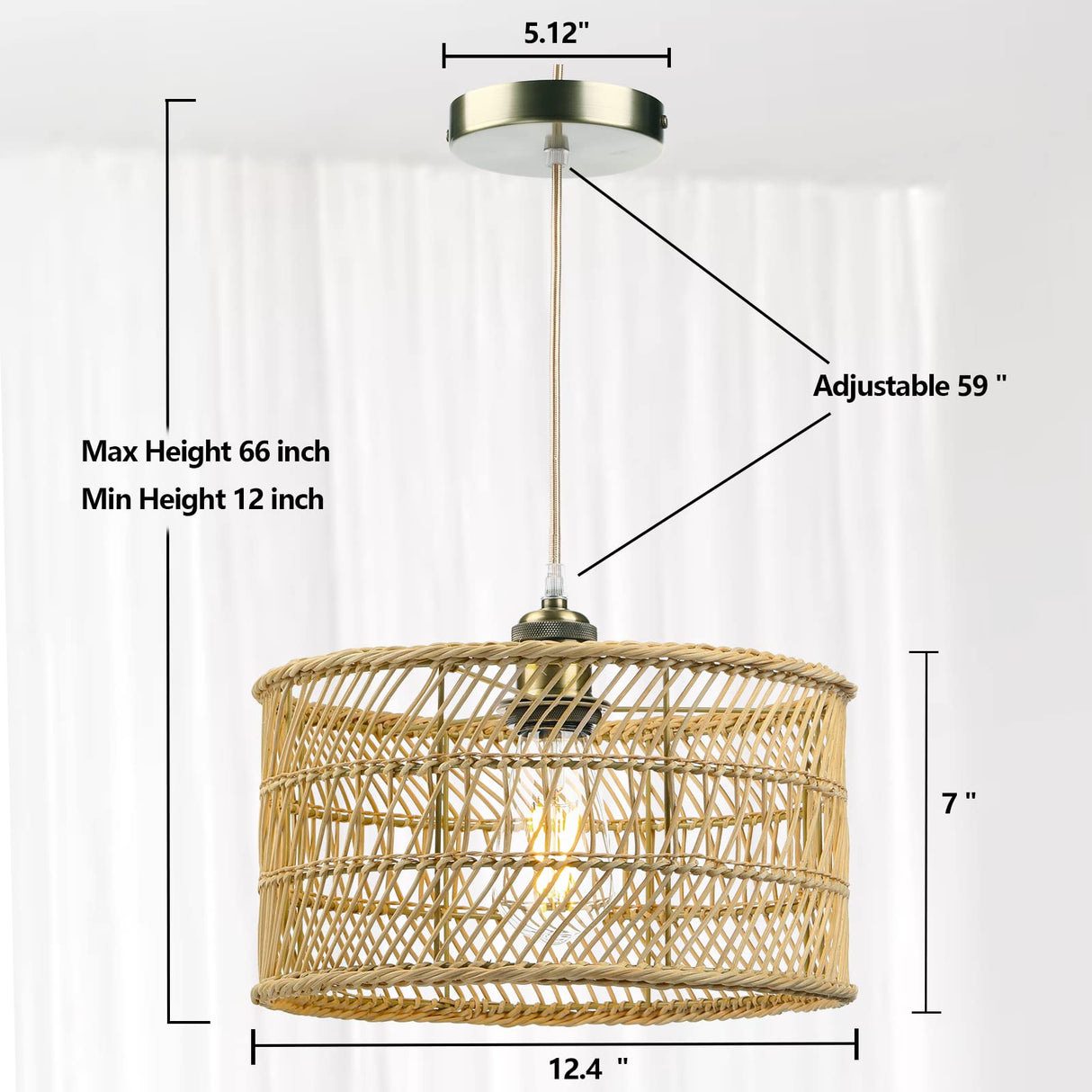 HOONEX Rattan Chandelier, Rattan Light Fixtures Ceiling, 12.4" Wicker Pendant Light for Dining Room Bedroom Kitchen Island, Natural HOONEX