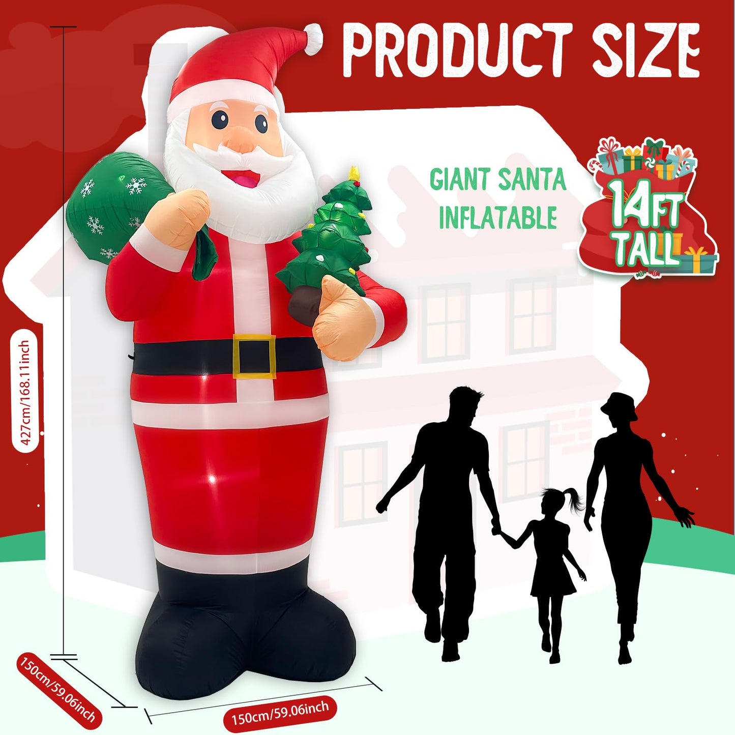 Fayavoo 14FT Giant Christmas Inflatables Outdoor Decoration Santa Claus, Christmas Blow Ups with Gift Bag Christmas Tree and LED Lights, Xmas Decor Outdoor for Outside Garden Lawn Holiday Party