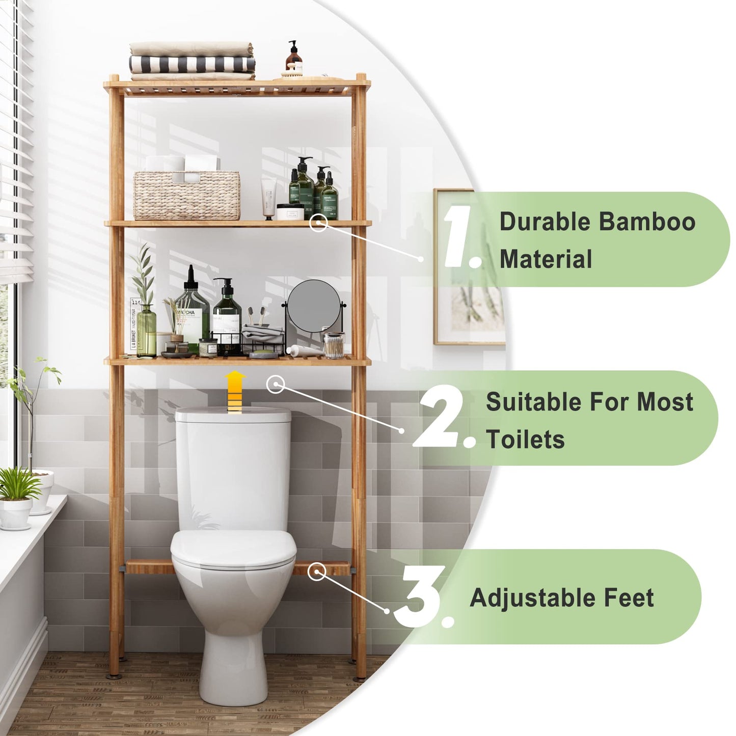 AmazerBath Over The Toilet Storage Shelf Bamboo, 3-Tier Over Toilet Organizer Rack, Freestanding Above Toilet Shelf for Bathroom, Laundry, Space Saver, Natural Color