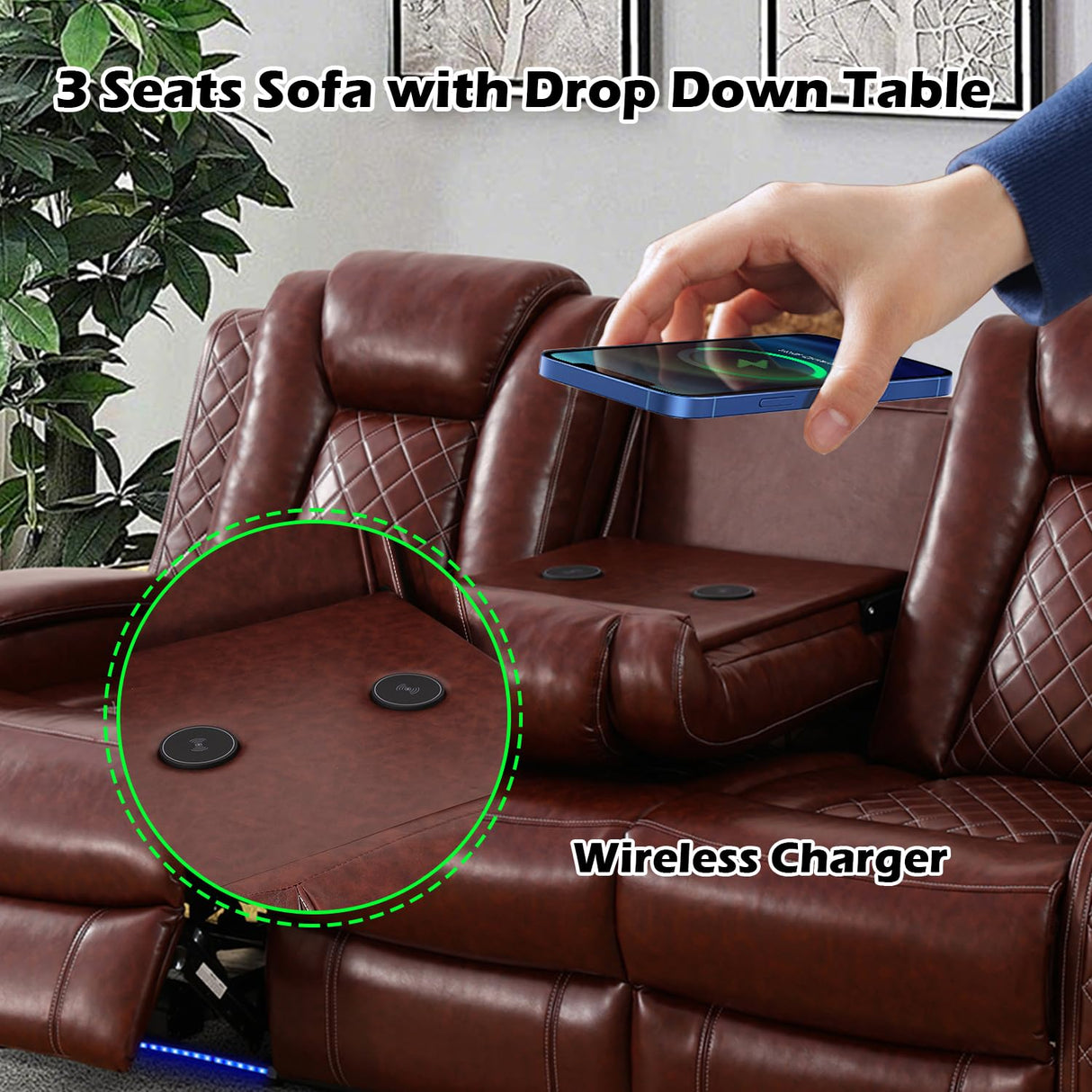 SIENWIEY Power Recliner Sofa Set with LED Lights, Leather Reclining Sofa Set for Living Room, Leather Couch Set with USB Charging，Burgundy，Sofa+Loveseat+Chair 3 Pieces SIENWIEY